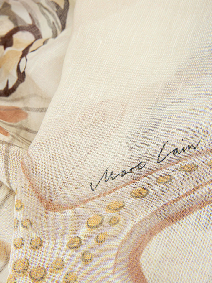 Marc Cain Lange sjaal met schelpenprint – Beige-50% modal, 42% linnen, 8% zijde-DAMES ACCESSOIRES-Beige