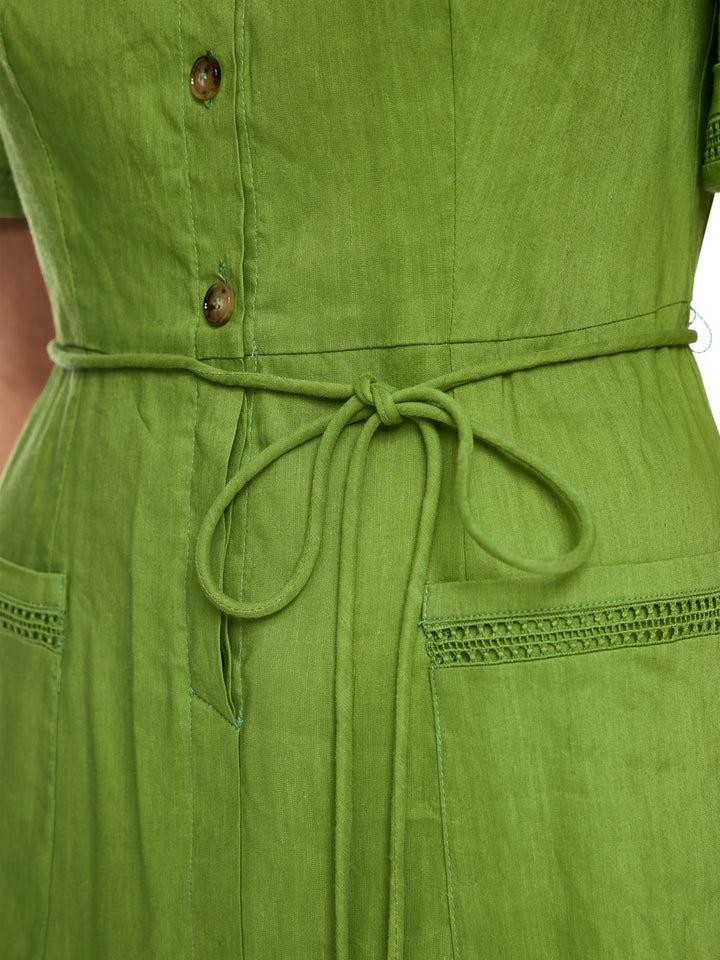 Marc Cain Linnen mix midi-jurk – Groen-62% linnen, 35% viscose, 3% elastaan-DAMES JURKEN-Groen