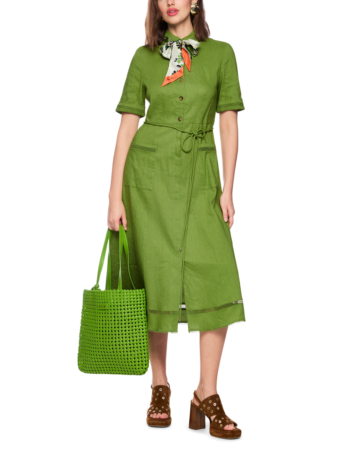 Marc Cain Linnen mix midi-jurk – Groen-62% linnen, 35% viscose, 3% elastaan-DAMES JURKEN-Groen