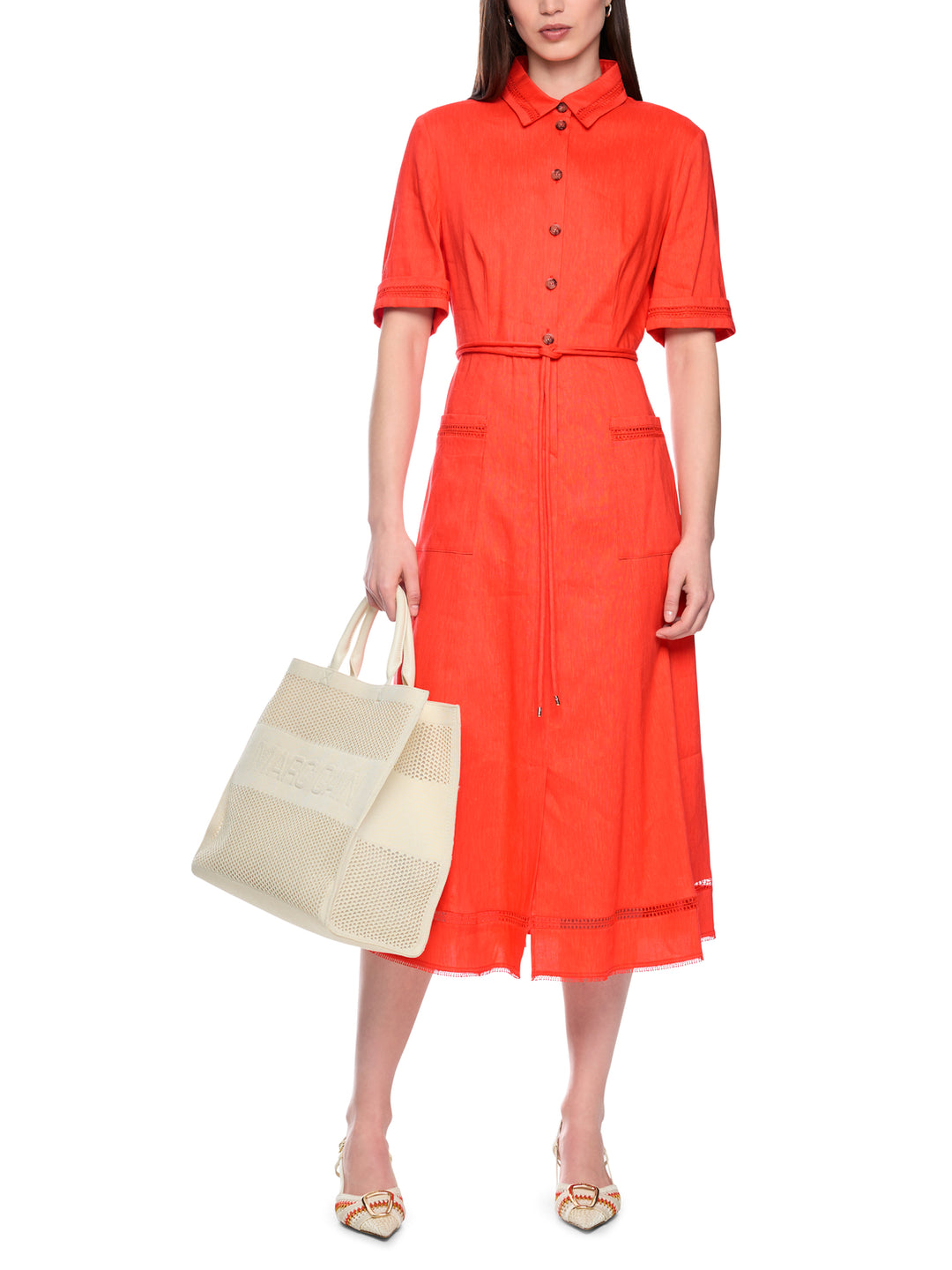 Marc Cain Midi-jurk van linnenmix – Oranje-62% linnen, 35% viscose, 3% elastaan-DAMES JURKEN-Oranje