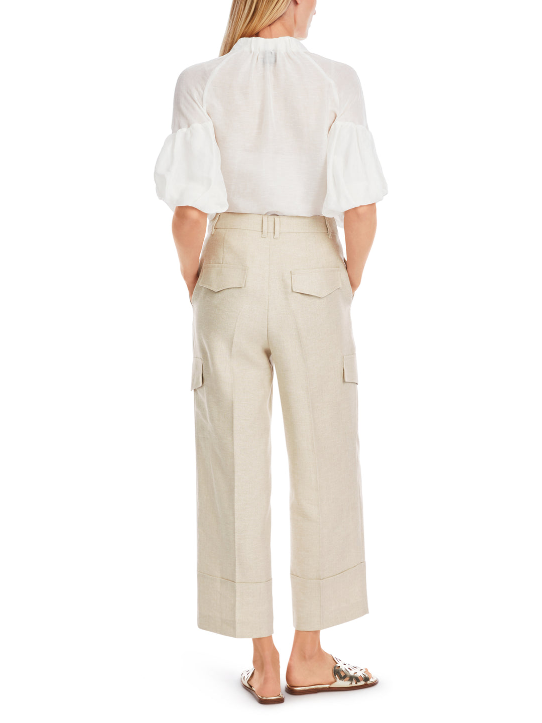 Marc Cain model WUKARI - broek met hoge taille-68% linnen, 18% Polyester,gemetalliseerd , 14% viscose-DAMES BROEKEN-Beige