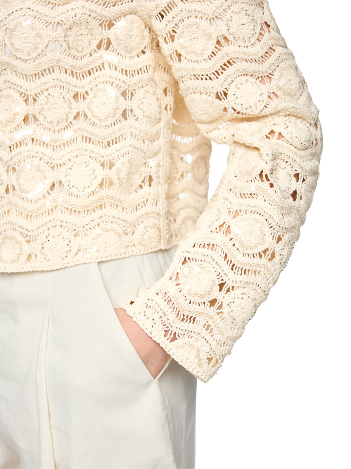 Marc Cain Opengewerkt vest met Kraaltjes – Beige-80% katoen, 8% polyester, 2% elastaan-DAMES TRUIEN & VESTEN-Beige