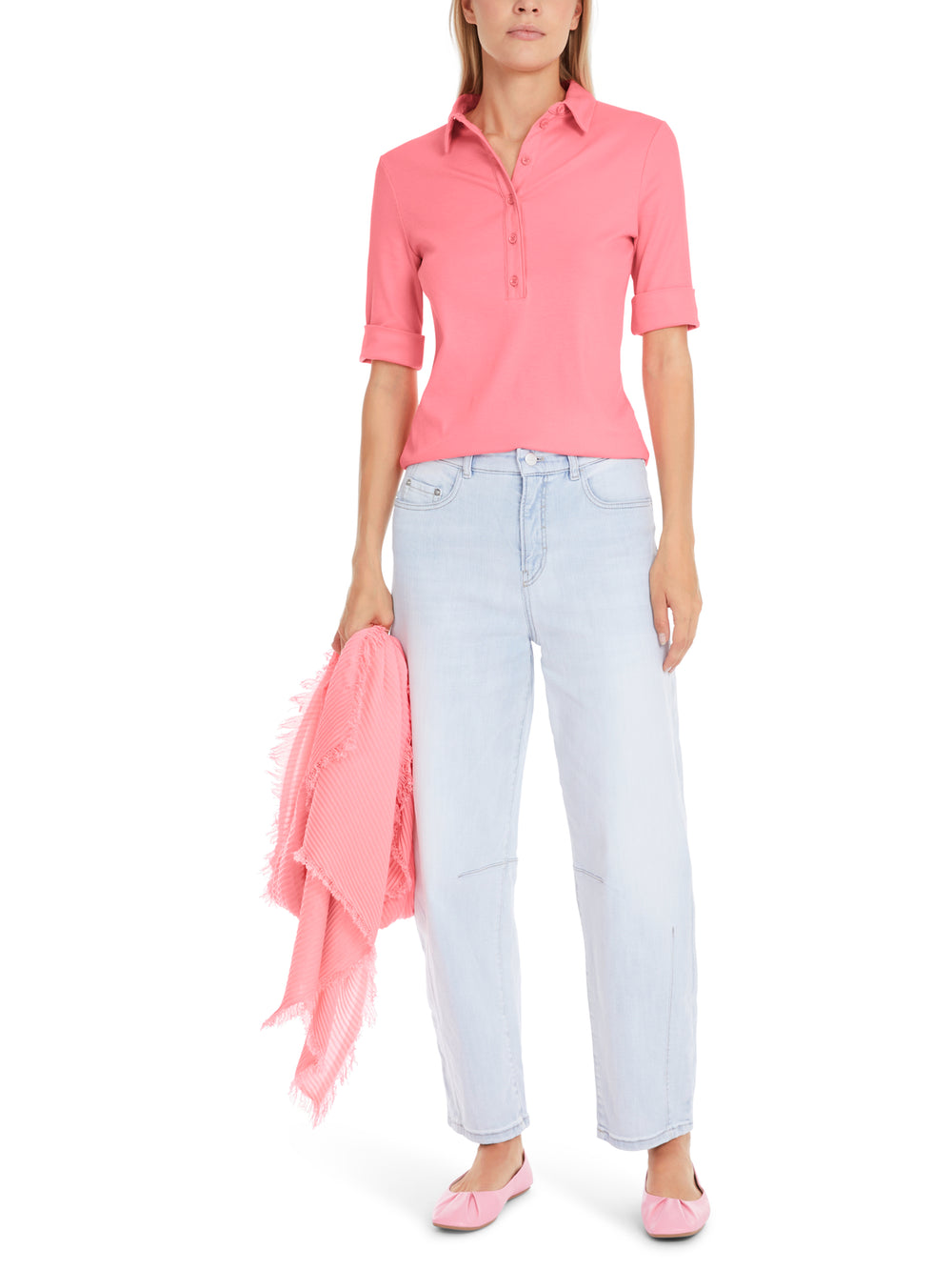 Marc Cain Polo shirt van katoenrib in uni-Materiaal<br />alg.: 94% katoen, 6% elastaan-DAMES TOPS & BLOUSES-Roze