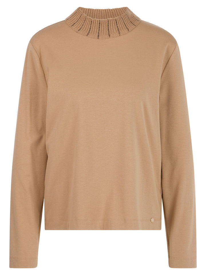 Marc Cain Shirt met Gebreide Kraag – Bruin-92% katoen, 8% elastaan<br />Gebreide kraag: 35% polyamide, 30% viscose, 30% w