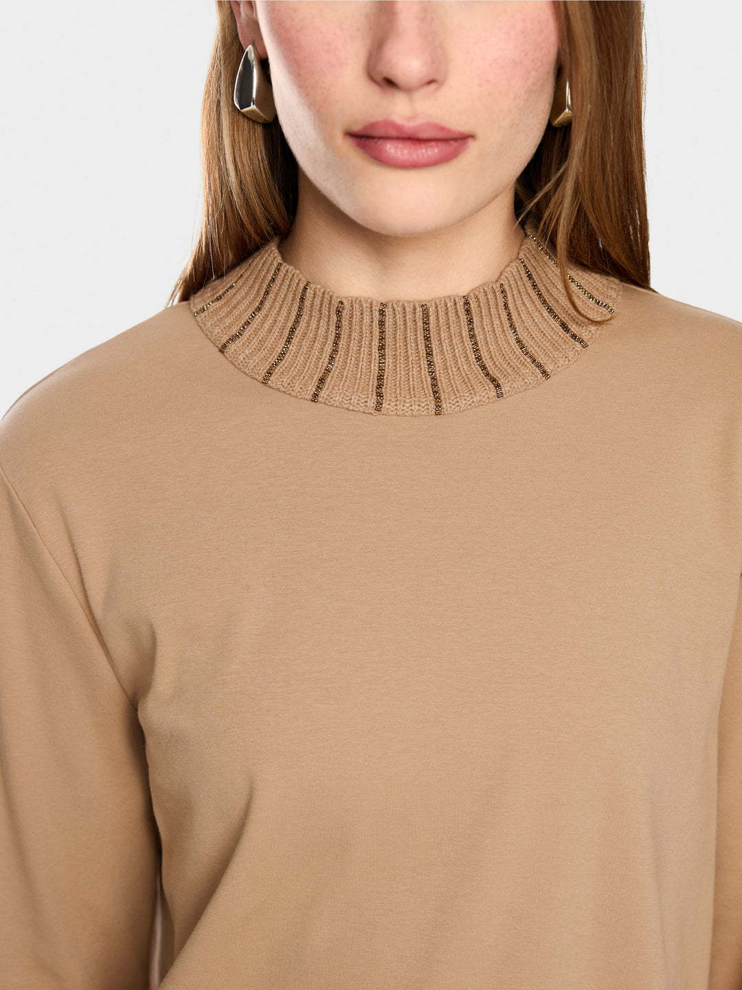 Marc Cain Shirt met Gebreide Kraag – Bruin-92% katoen, 8% elastaan<br />Gebreide kraag: 35% polyamide, 30% viscose, 30% w