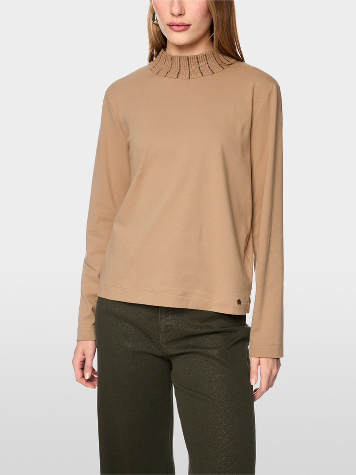 Marc Cain Shirt met Gebreide Kraag – Bruin-92% katoen, 8% elastaan<br />Gebreide kraag: 35% polyamide, 30% viscose, 30% w