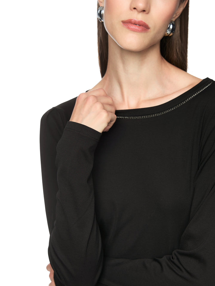 Marc Cain Shirt met Kettingdetail – Zwart-95% katoen, 5% elastaan-DAMES TOPS & BLOUSES-Zwart
