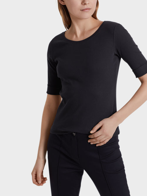 Marc Cain shirt met ronde hals blauw-94% katoen, 6% elastaan-DAMES TOPS & BLOUSES-Blauw