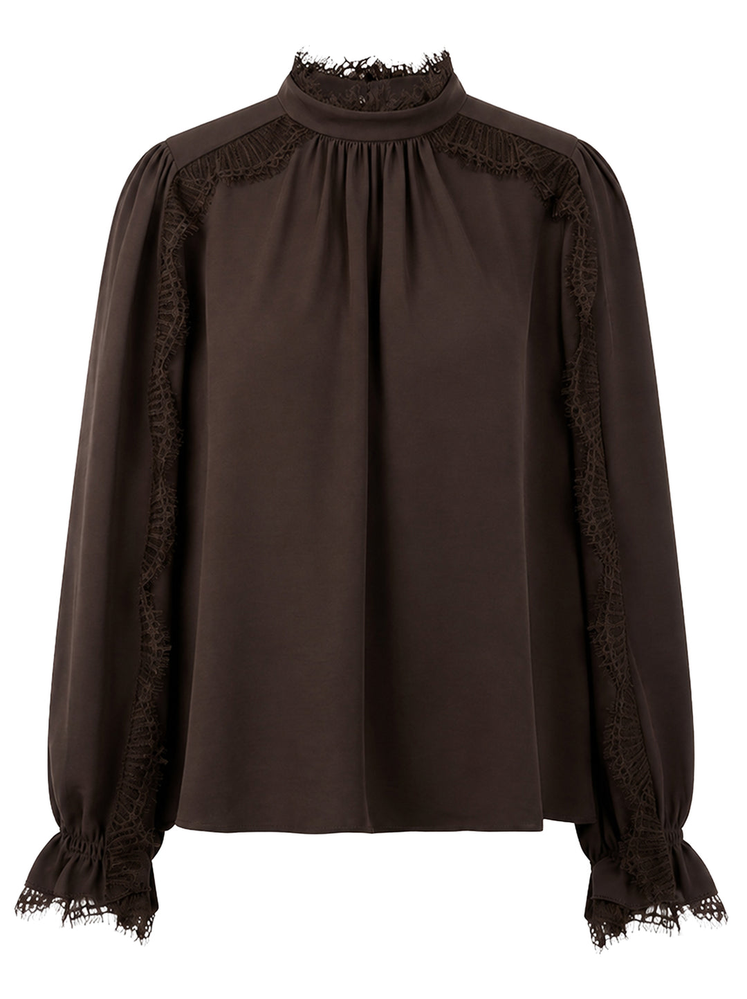 Marc Cain Soepelvallende blouse met kant – Bruin-100% polyester-DAMES TOPS & BLOUSES-Bruin