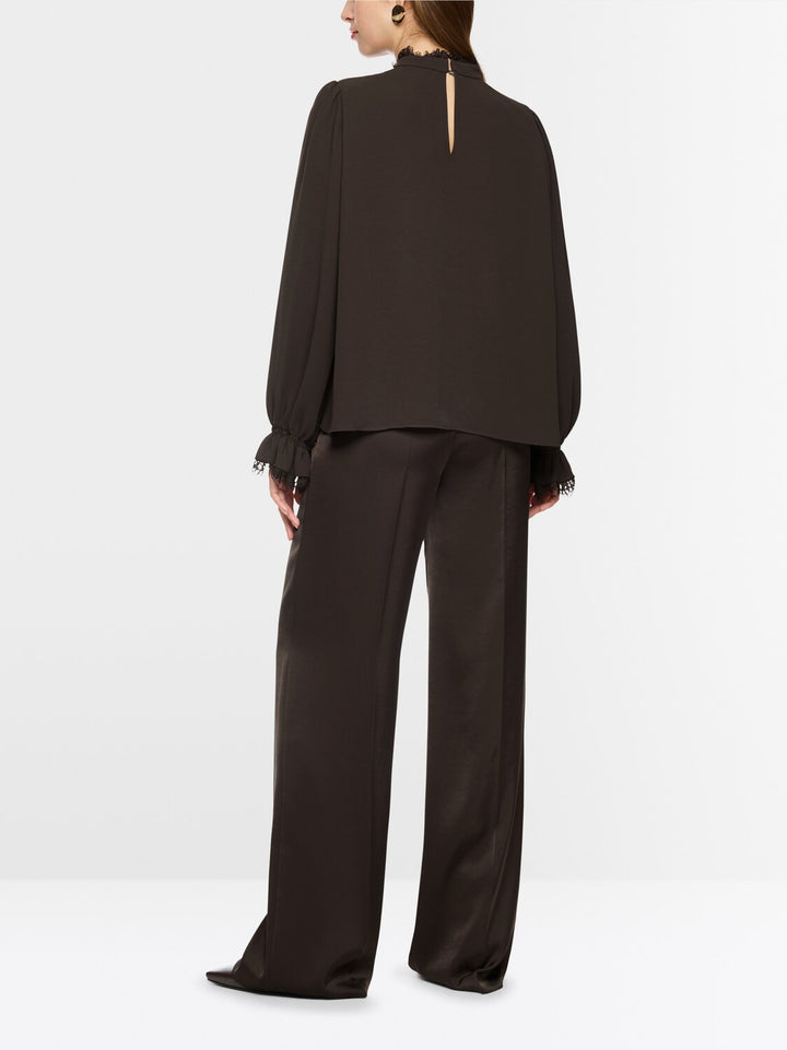 Marc Cain Soepelvallende blouse met kant – Bruin-100% polyester-DAMES TOPS & BLOUSES-Bruin