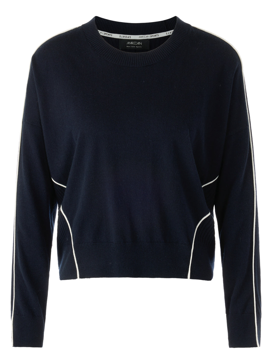 Marc Cain Sports Trui Met Piping – Blauw-47% wol,38% viscose, 10% polyamide, 5% cashmere-DAMES TRUIEN & VESTEN-Blauw