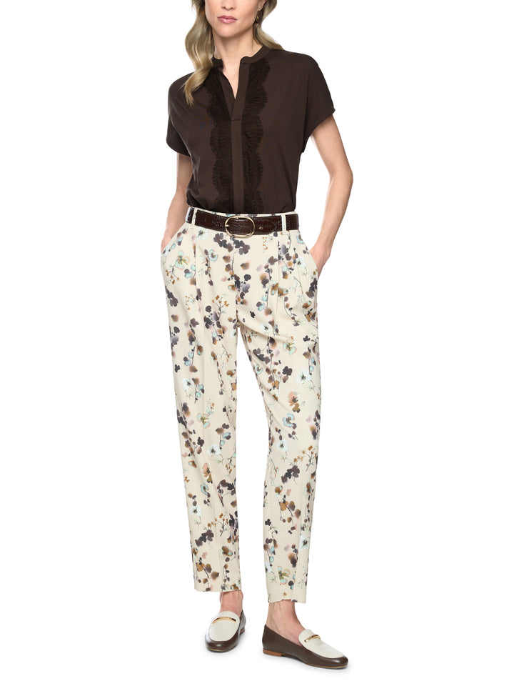 Marc Cain T-shirt met Kanten Afwerking – Bruin-95% katoen, 5% elastaan-DAMES TOPS & BLOUSES-Bruin