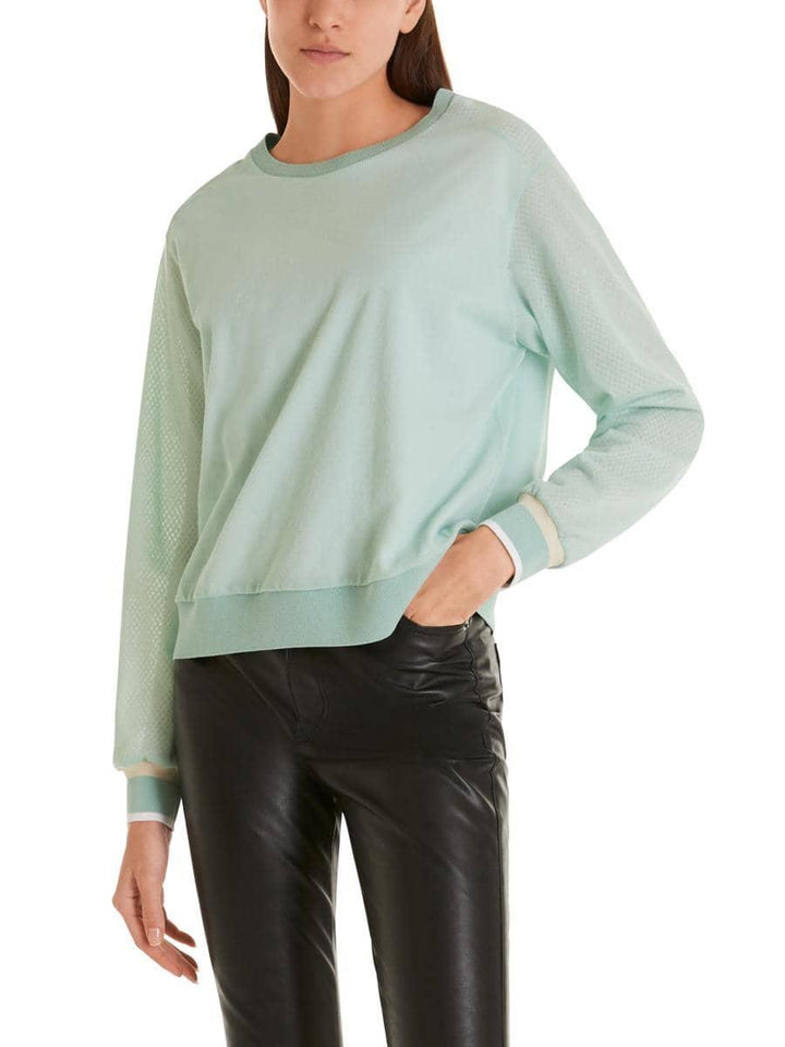 Marc Cain trui-Band: 95% viscose, 5% elastaan<br />Netz: 100% polyester<br />alg.: 82% katoen, 18% polyamide<br />Jerseyeinsatz: 100% katoen-DAMES TRUIEN & VESTEN-Groen