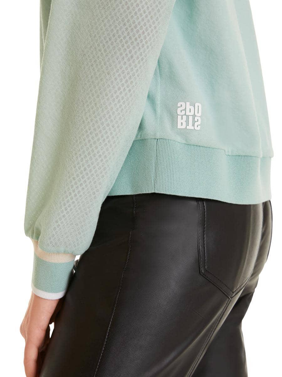 Marc Cain trui-Band: 95% viscose, 5% elastaan<br />Netz: 100% polyester<br />alg.: 82% katoen, 18% polyamide<br />Jerseyeinsatz: 100% katoen-DAMES TRUIEN & VESTEN-Groen