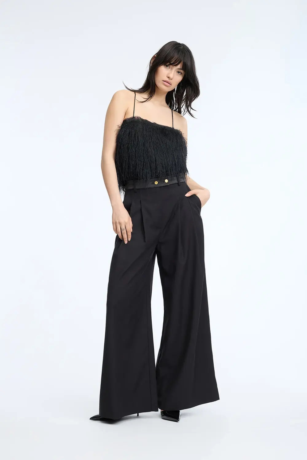 MUNTHE Charmy Wide Leg Pantalon – Zwart-80% polyester, 20% katoen-DAMES BROEKEN-Zwart