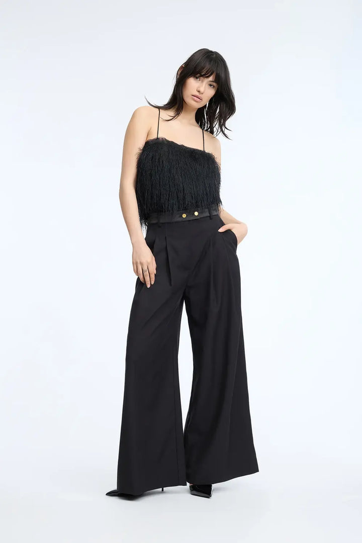 MUNTHE Charmy Wide Leg Pantalon – Zwart-80% polyester, 20% katoen-DAMES BROEKEN-Zwart