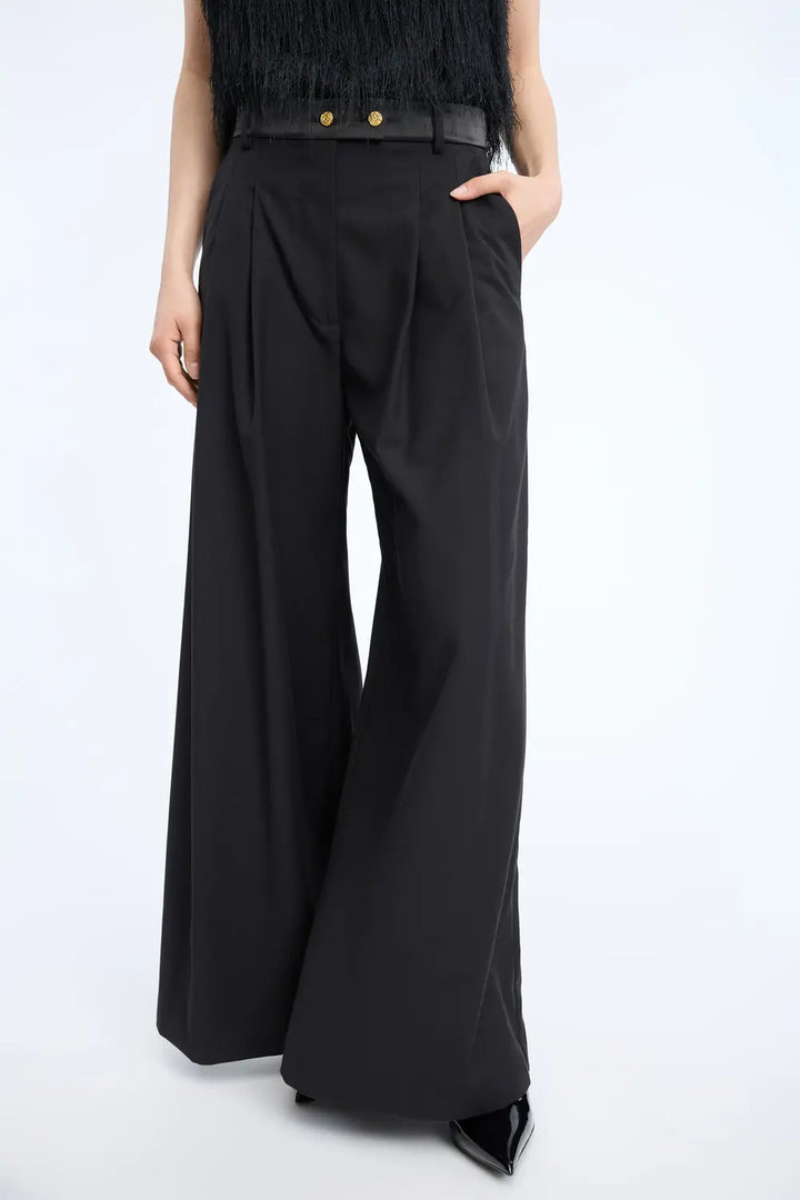MUNTHE Charmy Wide Leg Pantalon – Zwart-80% polyester, 20% katoen-DAMES BROEKEN-Zwart