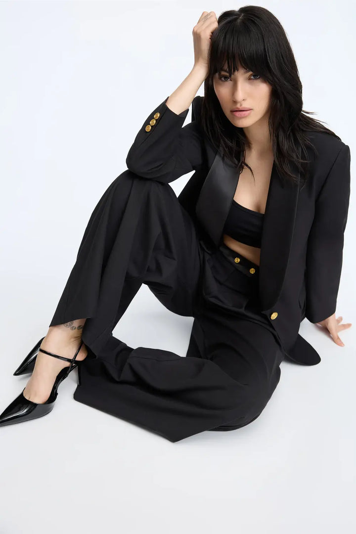 MUNTHE Charmy Wide Leg Pantalon – Zwart-80% polyester, 20% katoen-DAMES BROEKEN-Zwart