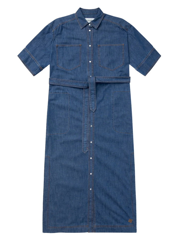 MUNTHE FIA indigo jurk-100% biologisch katoen-DAMES JURKEN-Blauw