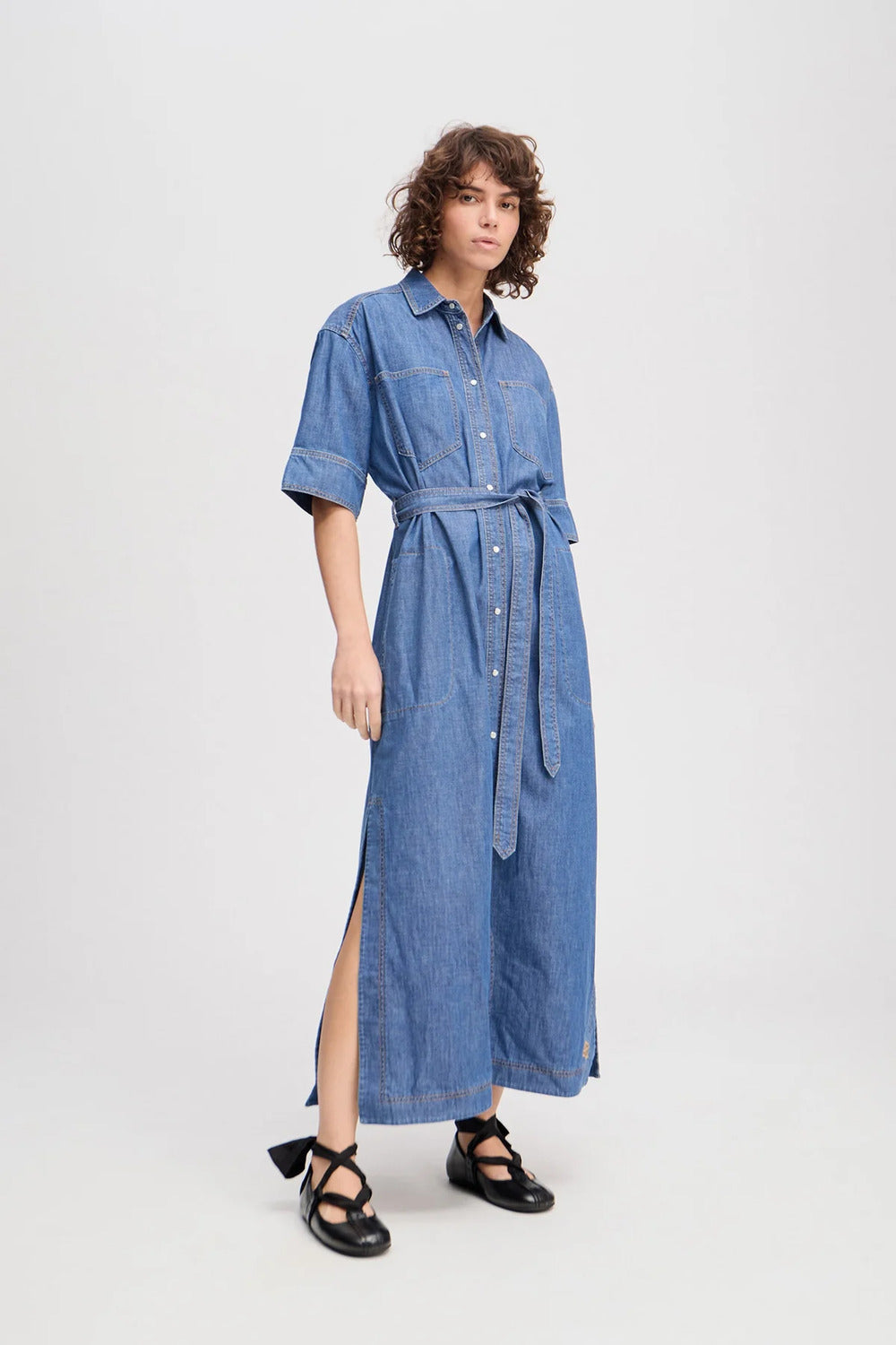 MUNTHE FIA indigo jurk-100% biologisch katoen-DAMES JURKEN-Blauw