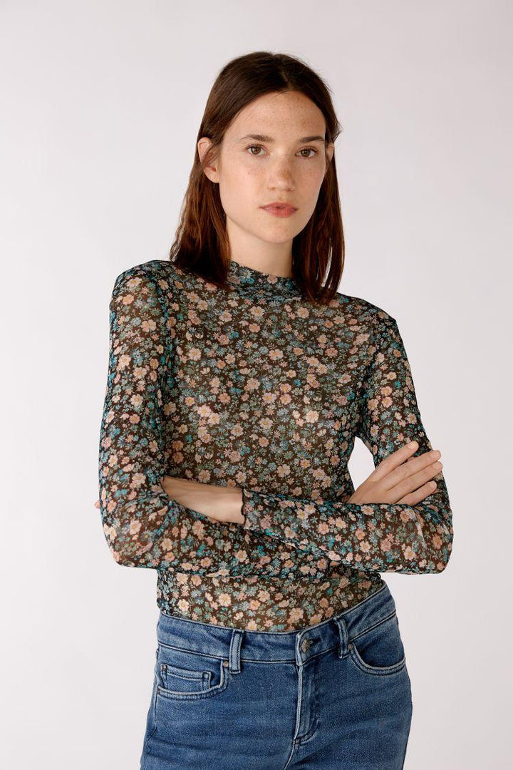 OUI shirt bloemenprint-100% polyamide-DAMES TOPS & BLOUSES-Groen