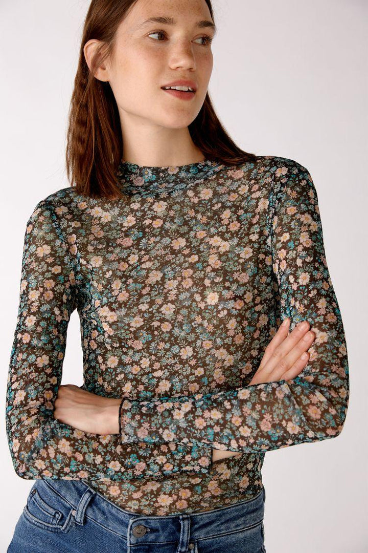 OUI shirt bloemenprint-100% polyamide-DAMES TOPS & BLOUSES-Groen