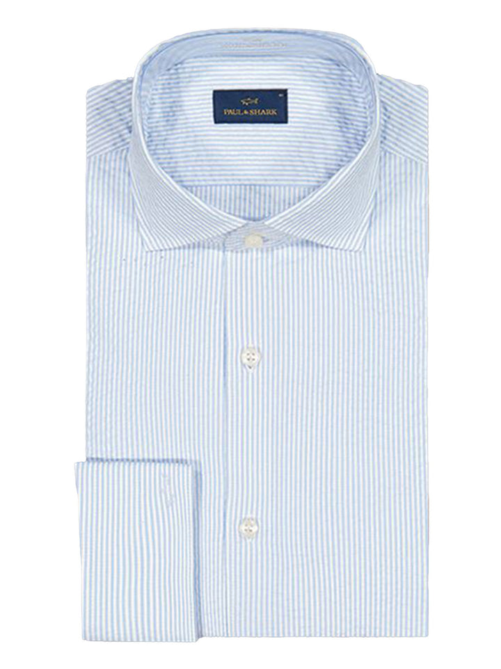 Paul & Shark Seersucker Cotton Shirt French Collar-100% katoen-HEREN SHIRTS-Blauw