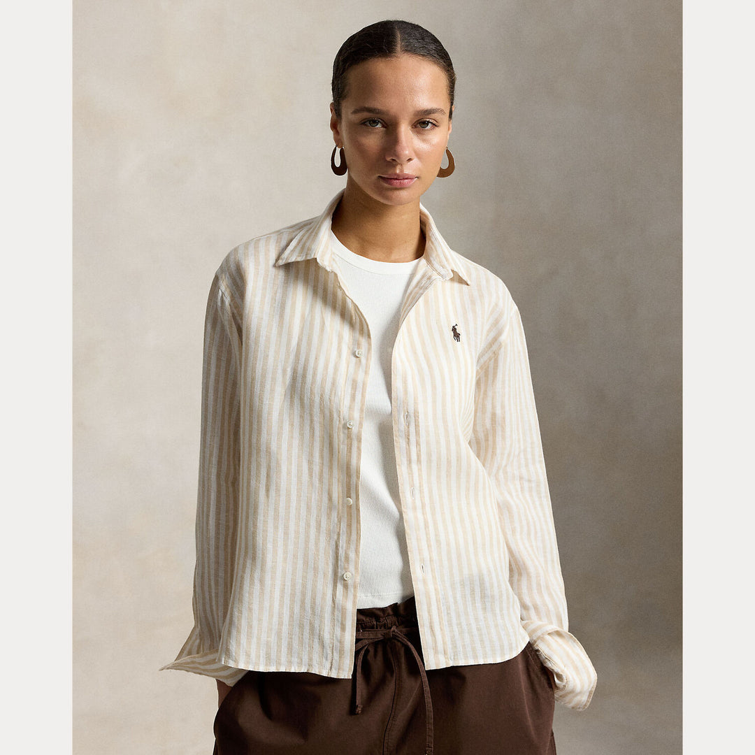 POLO Ralph Lauren Cropped gingham linnen shirt-100% linnen-DAMES TOPS & BLOUSES-Beige