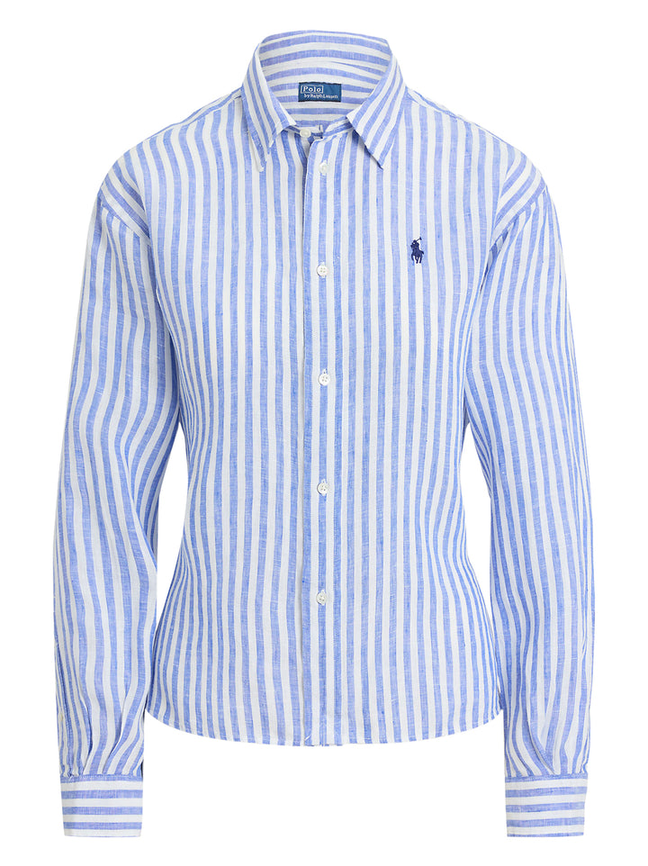 POLO Ralph Lauren Cropped gingham linnen shirt-100% linnen-DAMES TOPS & BLOUSES-Blauw