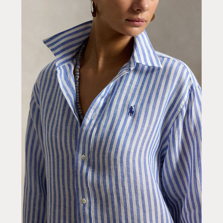POLO Ralph Lauren Cropped gingham linnen shirt-100% linnen-DAMES TOPS & BLOUSES-Blauw