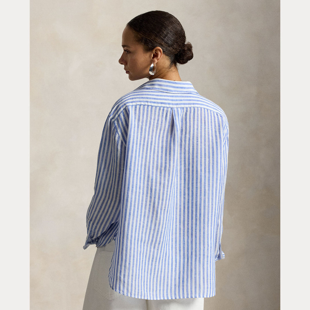 POLO Ralph Lauren Cropped gingham linnen shirt-100% linnen-DAMES TOPS & BLOUSES-Blauw