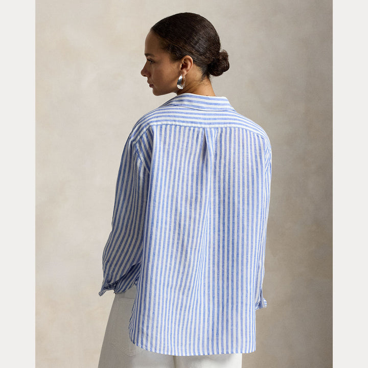 POLO Ralph Lauren Cropped gingham linnen shirt-100% linnen-DAMES TOPS & BLOUSES-Blauw
