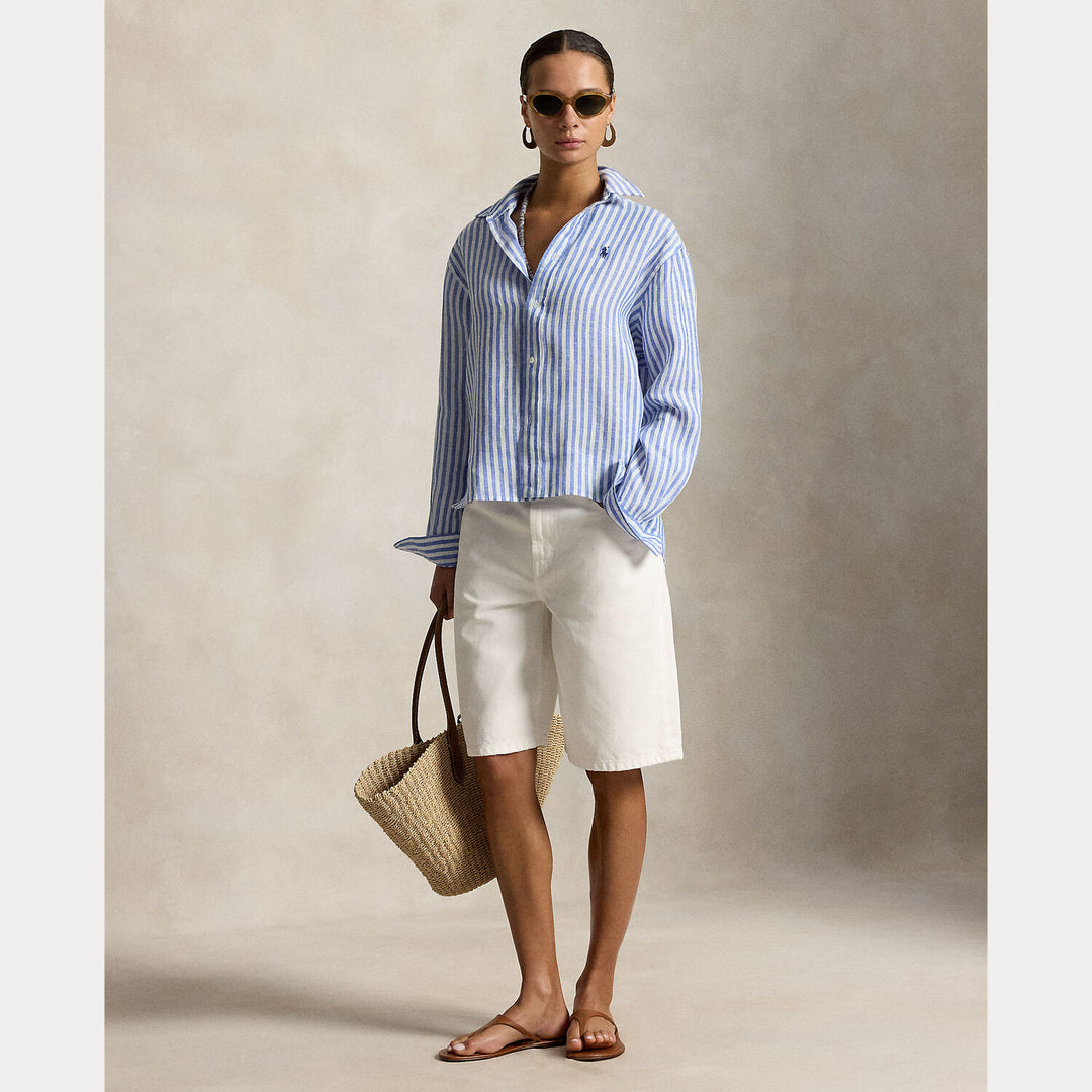 POLO Ralph Lauren Cropped gingham linnen shirt-100% linnen-DAMES TOPS & BLOUSES-Blauw