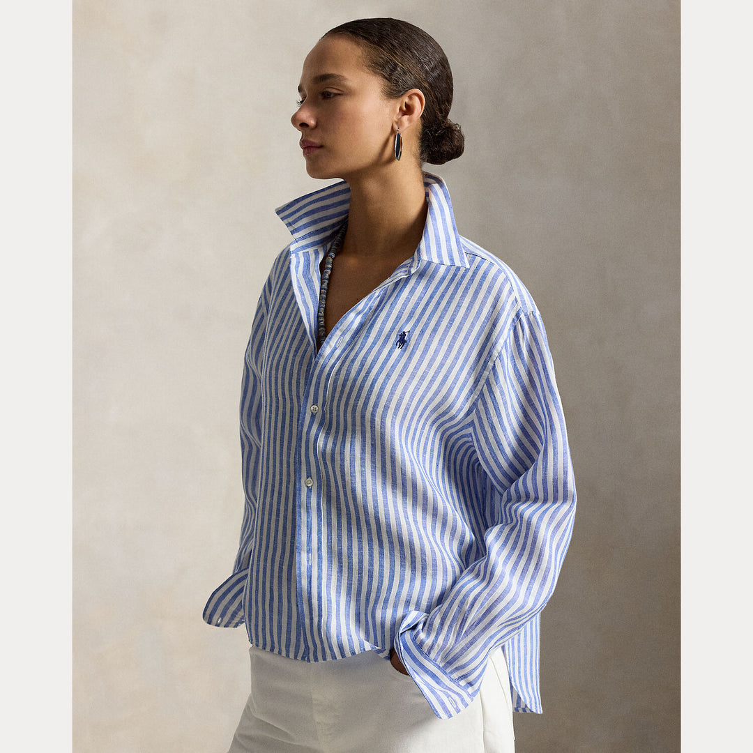 POLO Ralph Lauren Cropped gingham linnen shirt-100% linnen-DAMES TOPS & BLOUSES-Blauw