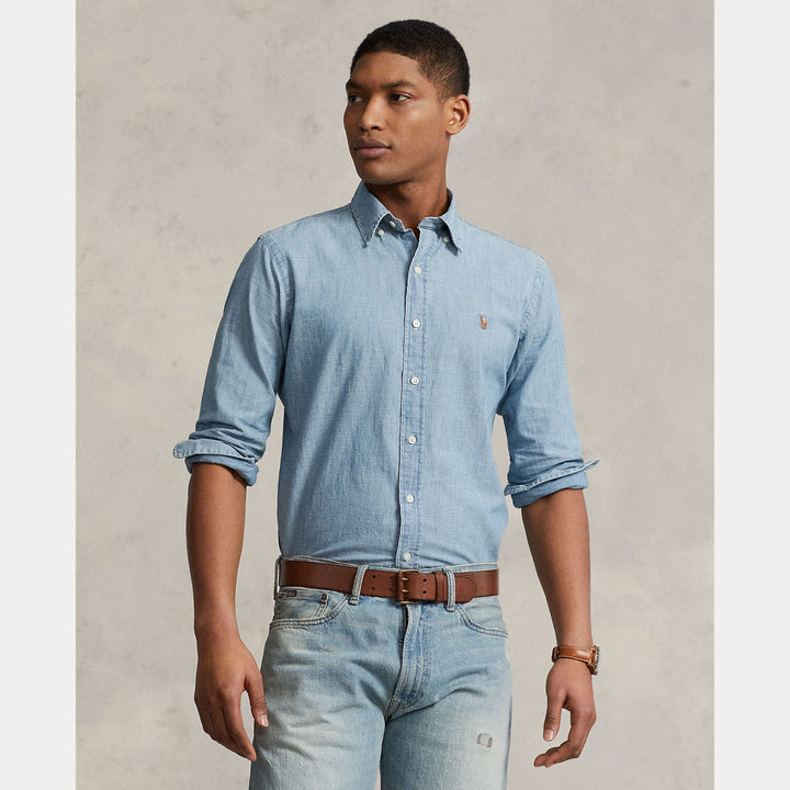 POLO Ralph Lauren Custom Fit Chambray Shirt-100% katoen-HEREN SHIRTS-Blauw