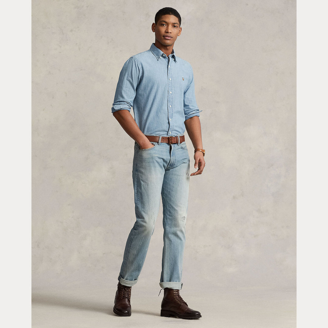 POLO Ralph Lauren Custom Fit Chambray Shirt-100% katoen-HEREN SHIRTS-Blauw