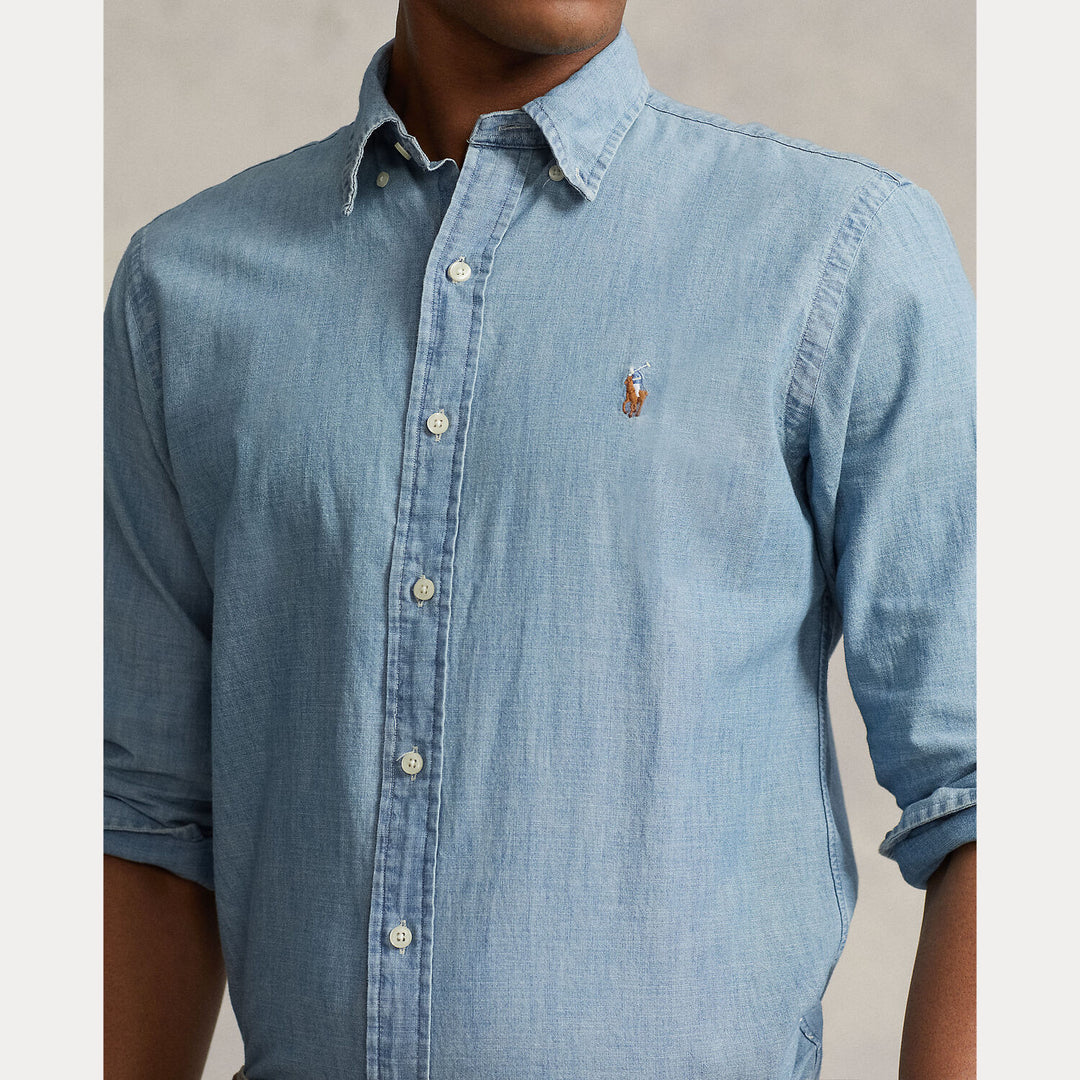 POLO Ralph Lauren Custom Fit Chambray Shirt-100% katoen-HEREN SHIRTS-Blauw