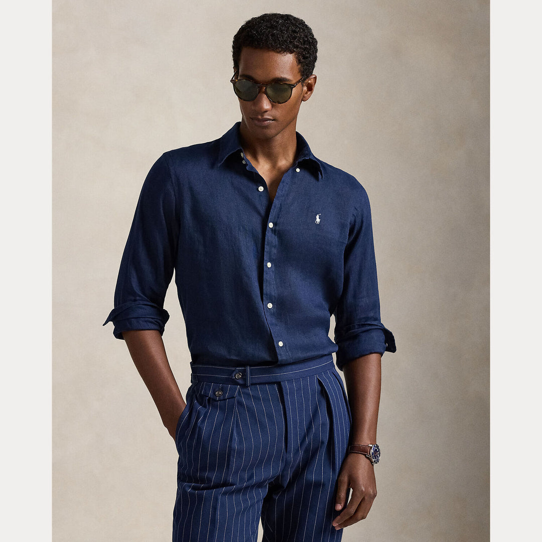 POLO Ralph Lauren Custom Fit Linnen Shirt – Blauw-100% linnen-HEREN SHIRTS-Blauw