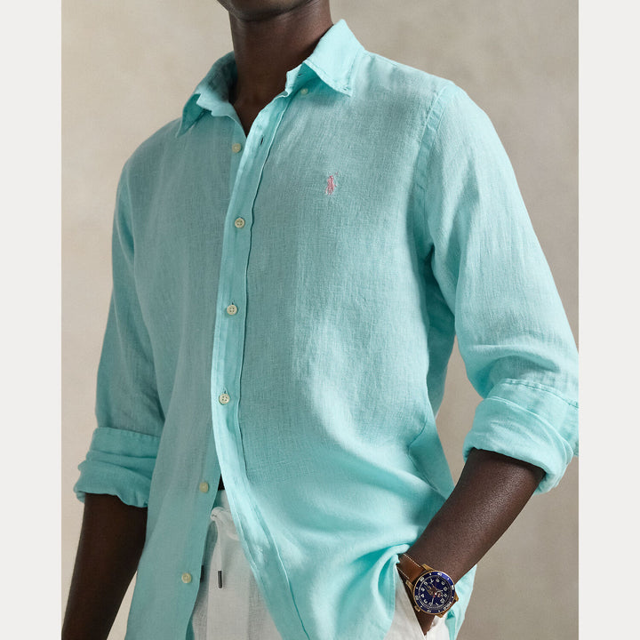 POLO Ralph Lauren Custom Fit Linnen Shirt – Blauw-100% linnen-HEREN SHIRTS-Blauw