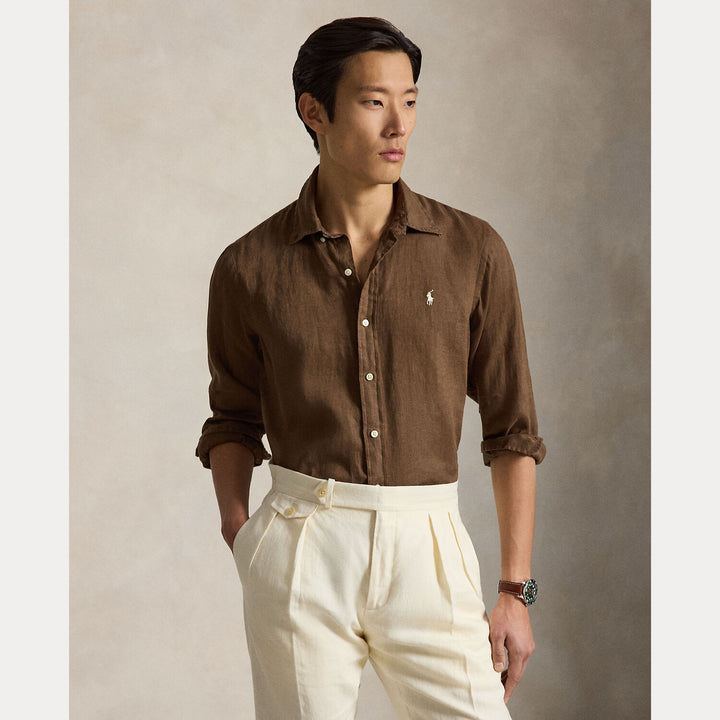 POLO Ralph Lauren Custom Fit Linnen Shirt – Bruin-100% linnen-HEREN SHIRTS-Bruin