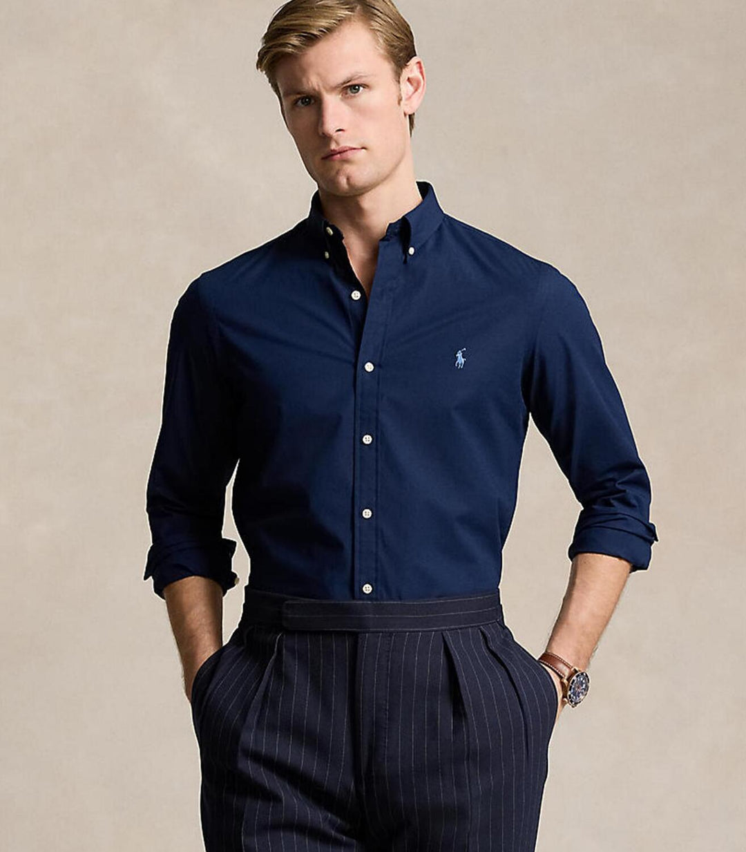 POLO Ralph Lauren Custom Fit Poplin shirt -91% Katoen<br />9% Elastaan-HEREN SHIRTS-Blauw