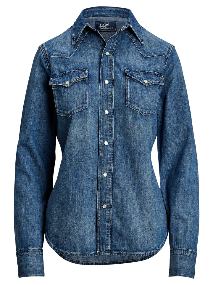 POLO Ralph Lauren Denim Western Blouse – Blauw-100% katoen-DAMES TOPS & BLOUSES-Blauw