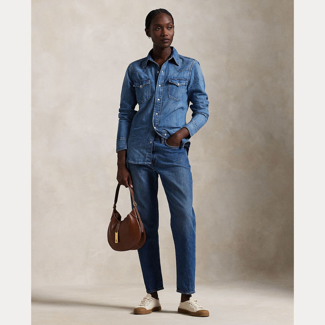 POLO Ralph Lauren Denim Western Blouse – Blauw-100% katoen-DAMES TOPS & BLOUSES-Blauw