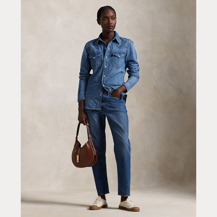 POLO Ralph Lauren Denim Western Blouse – Blauw-100% katoen-DAMES TOPS & BLOUSES-Blauw