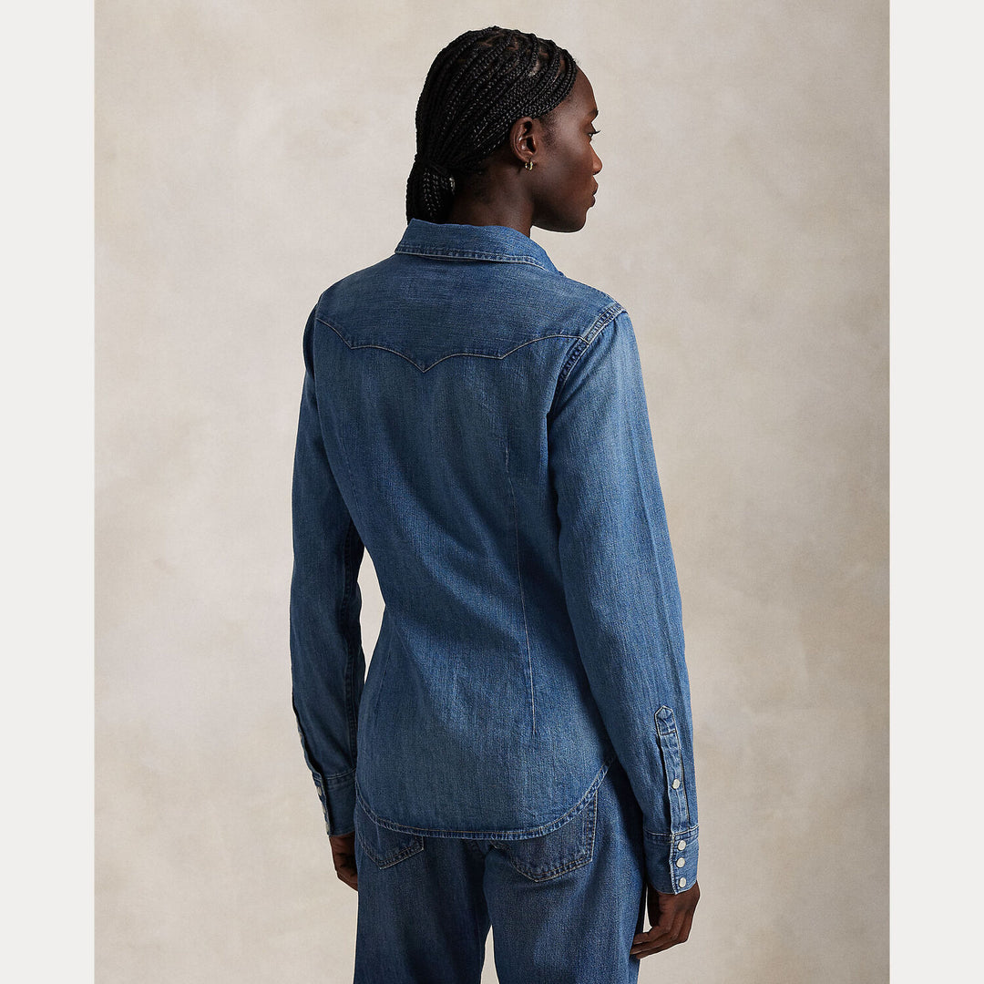 POLO Ralph Lauren Denim Western Blouse – Blauw-100% katoen-DAMES TOPS & BLOUSES-Blauw