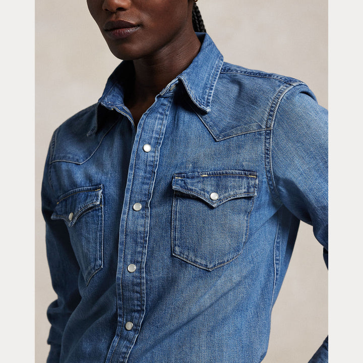 POLO Ralph Lauren Denim Western Blouse – Blauw-100% katoen-DAMES TOPS & BLOUSES-Blauw