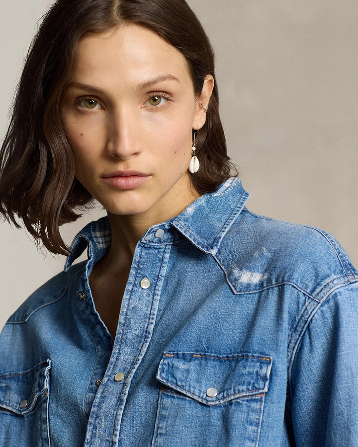 POLO Ralph Lauren denim western blouse-DAMES TOPS & BLOUSES-Blauw