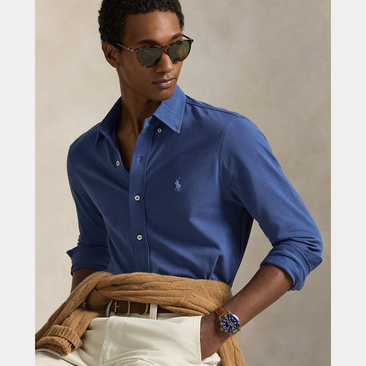 POLO Ralph Lauren Featherweight Mesh Shirt – Blauw-100% katoen-HEREN SHIRTS-Blauw