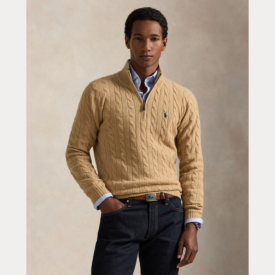POLO Ralph Lauren Kabel Half Zip – Beige-90% wol, 10% kasjmier-HEREN TRUIEN & VESTEN-Beige