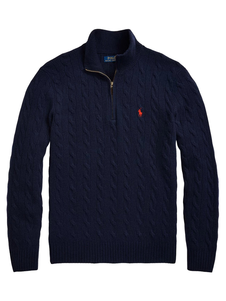 POLO Ralph Lauren Kabel Half Zip – Blauw-90% wol, 10% kasjmier-HEREN TRUIEN & VESTEN-Blauw